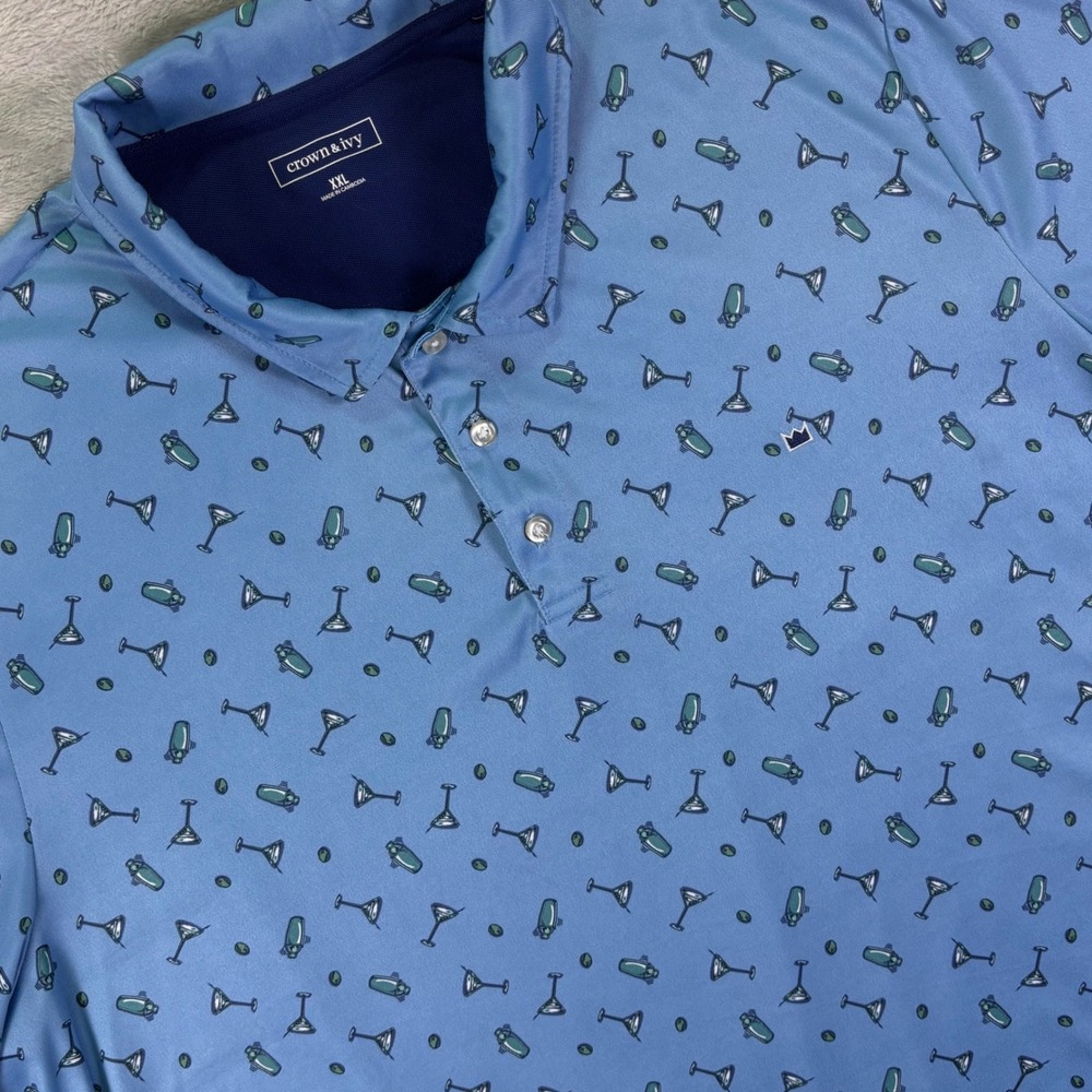 Crown & Ivy Men's Blue Martini Print Golf Polo Shirt Sz XXL Short Sleeve Stretch